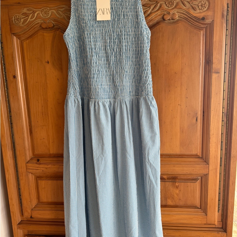 Zara Light Blue Checkered Sleeveless Dress